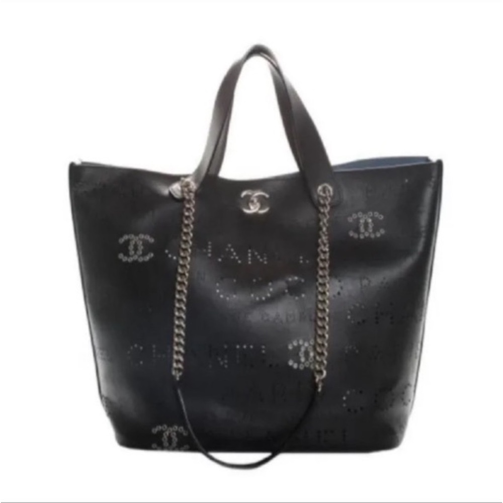 Brand new Chanel Black Logo eyelets shopping Tote perforated calf skin